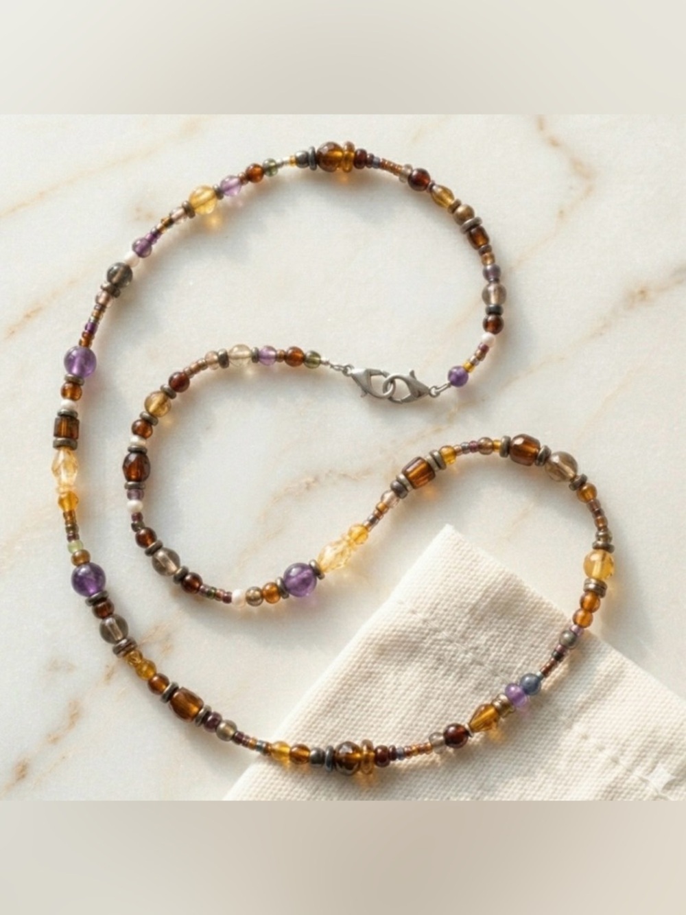 Purple Beaded Necklace Dark Metallic Tone Boho Y2K Magnetic Clasp